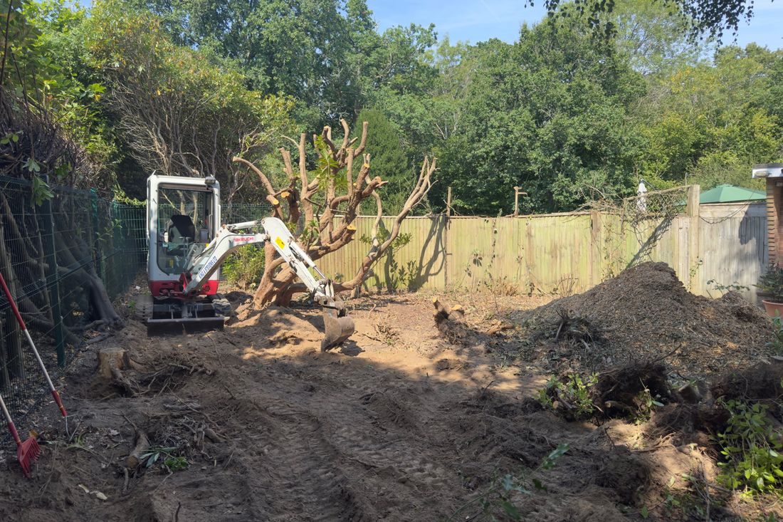 Mini digger clearing an overgrown garden, with a pile of cleared brush and bare levelled ground
